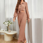Mocha-colored long sleeve pants and ruffled cardigan two-piece home wear set
