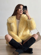 Yellow fluffy faux fur coat with black buttons, Langry fashion
