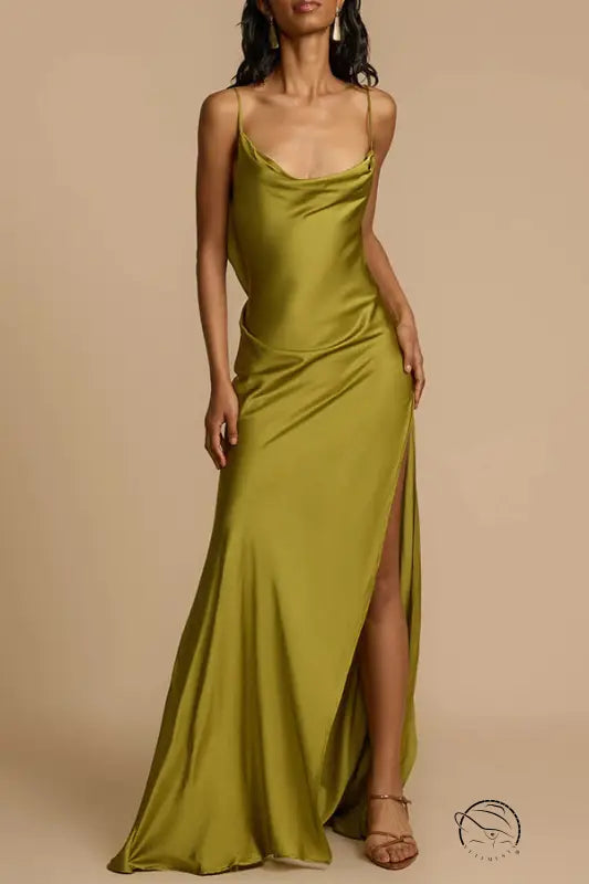 Stunning loose satin olive green slip dress
