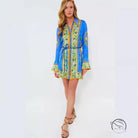 Collared Tied Waist Positioning Print Holiday Long Sleeve Dress Women