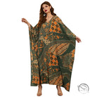 Elegant V-neck batwing sleeve langry fashion kaftan in green orange patchwork