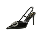 Classy High Heels: Black Patent Leather Slingback with Crystal Buckle
