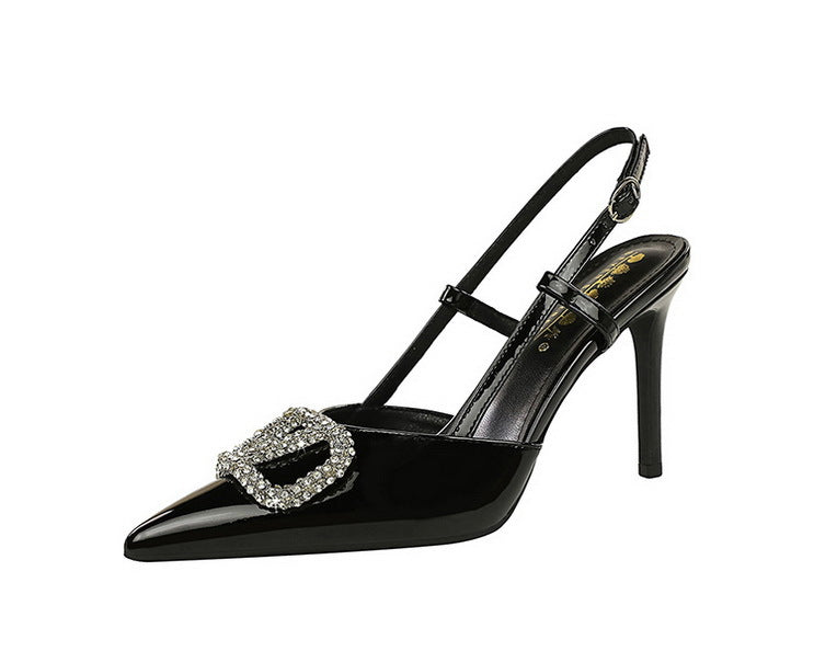 Classy High Heels: Black Patent Leather Slingback with Crystal Buckle
