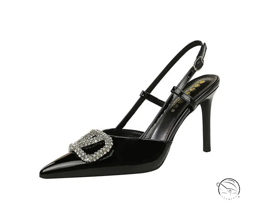 Classy high heels: black patent leather slingbacks with crystal buckle in langry fashion