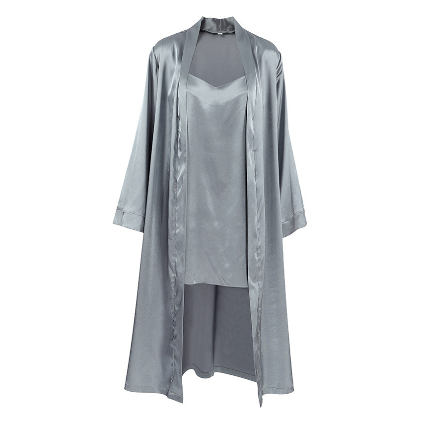Gray satin robe and camisole set showcasing luxurious high-end home wear fashion