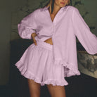 Elegant Puff Sleeve Ruffled Shirt Loose Shorts Two Piece Set