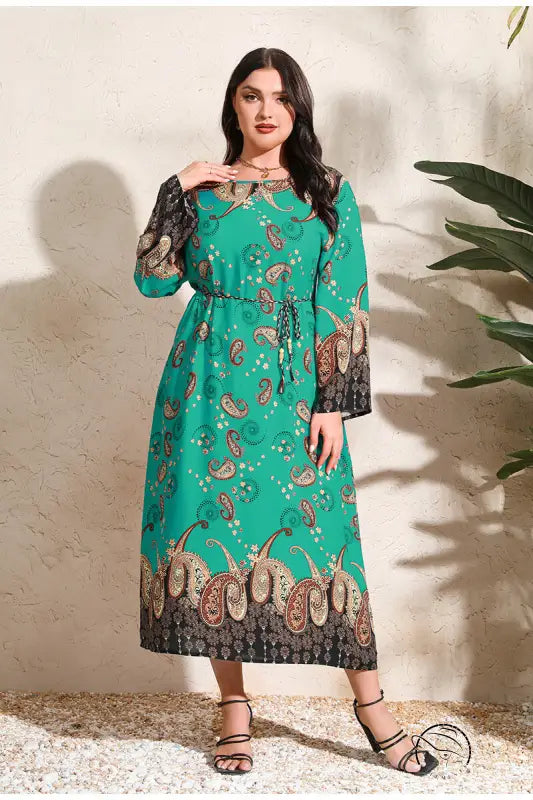 Ethnic Loose Maxi Dress Cashew Printed Long Sleeve