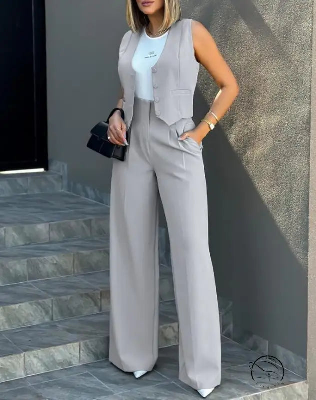 Elegant gray vest jacket wide leg pants suit for women