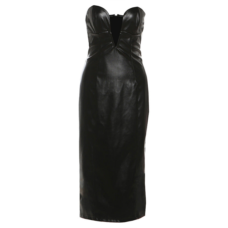 Elegant slim fit faux leather tube top dress in black with ruched bodice