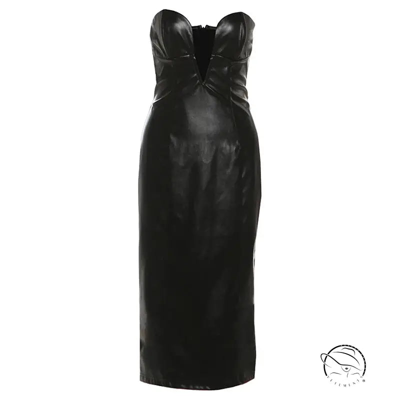 Elegant slim fit faux leather tube top dress in black strapless style with ruched bodice and fitted silhouette for langry fashion ملابس