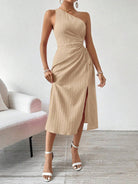 Beige one-shoulder midi dress from Langry, perfect for elegant fashion occasions