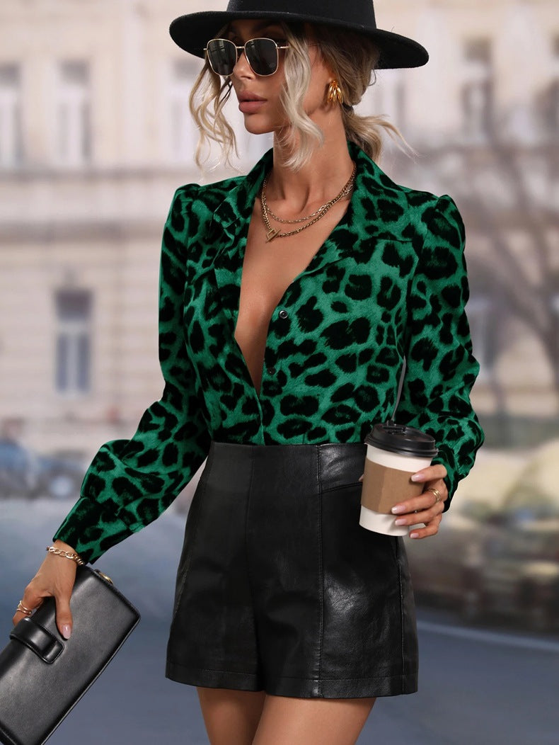 Casual langry fashion leopard print top with ruffled sleeves