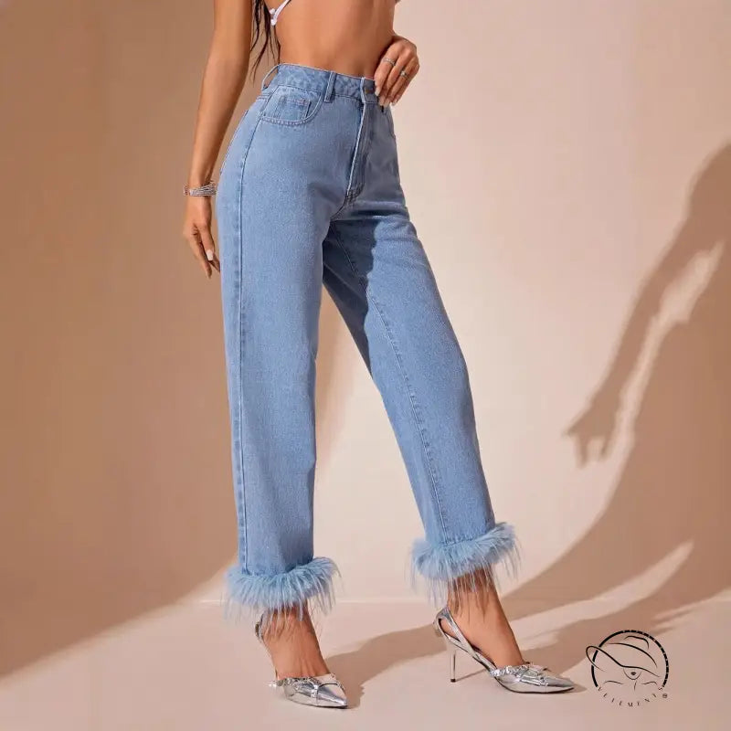 Light blue furry stitching straight jeans with faux fur trim at ankles