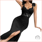 Langry fashionable black lace satin mermaid dress with bow straps