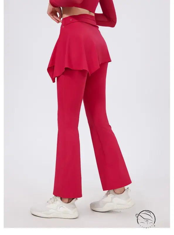 Magenta flare yoga pants with ruffled hem, hip lifting nude feel, white sneakers