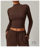 Brown long-sleeved crop top with mock neckline in quick drying fitness sports outerwear