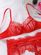 Red lace embroidery lingerie set with steel ring push-up and sheer cutouts