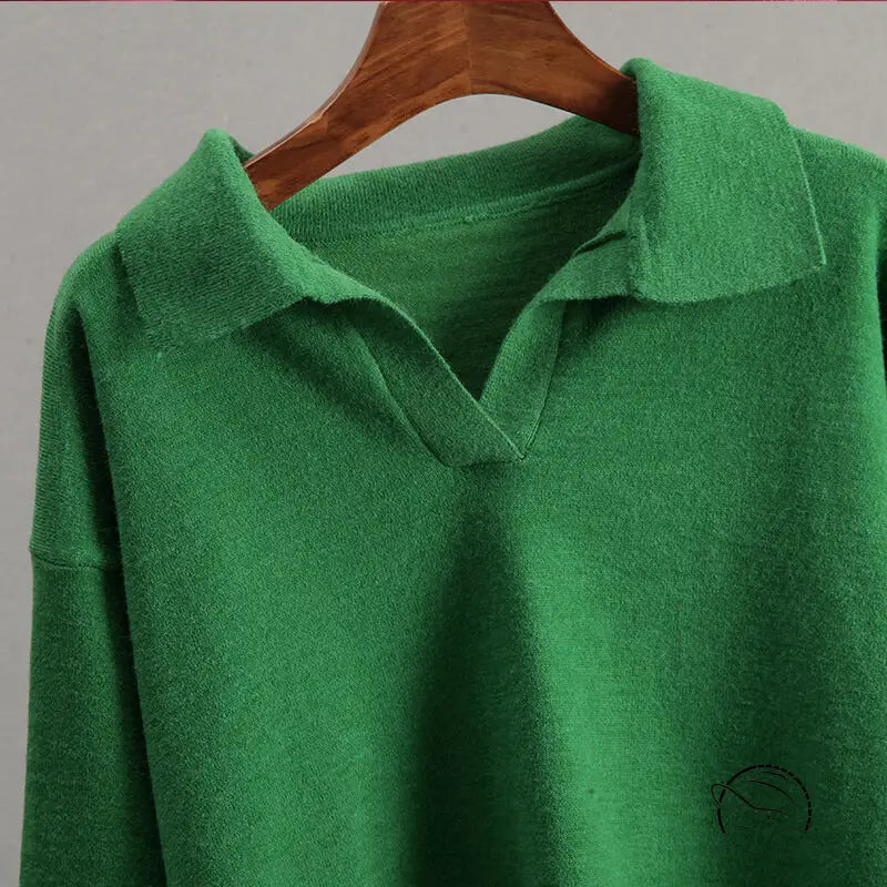 Vibrant green langry fashion polo collar knitted sweater with V-neck