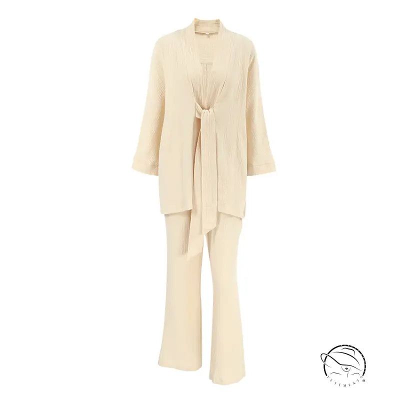 Winter pure cotton pajamas in cream pleated two-piece set with tie-front top and flared trousers