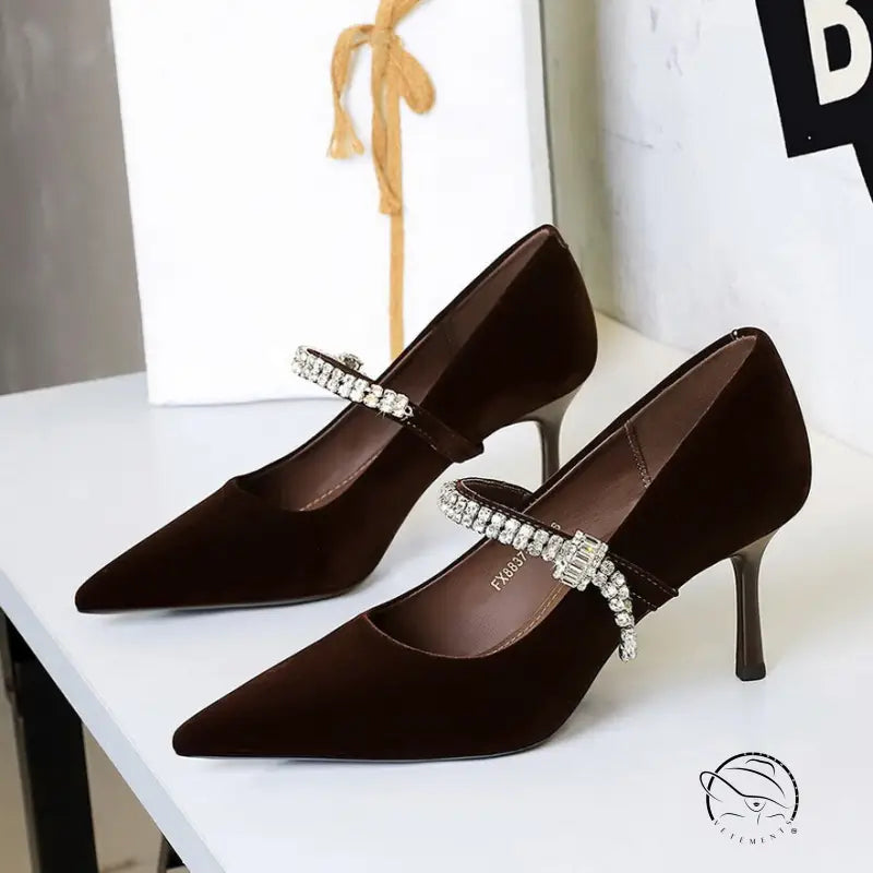 Langry fashion brown velvet high-heeled shoes with rhinestone accents