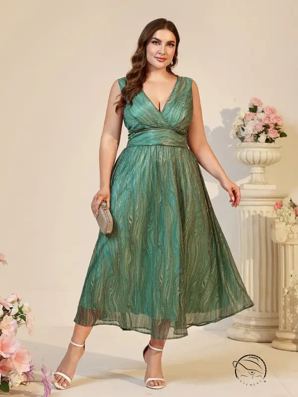 Beautiful suspender maxi dress: womens sleeveless V-neck midi in shimmering green abstract pattern