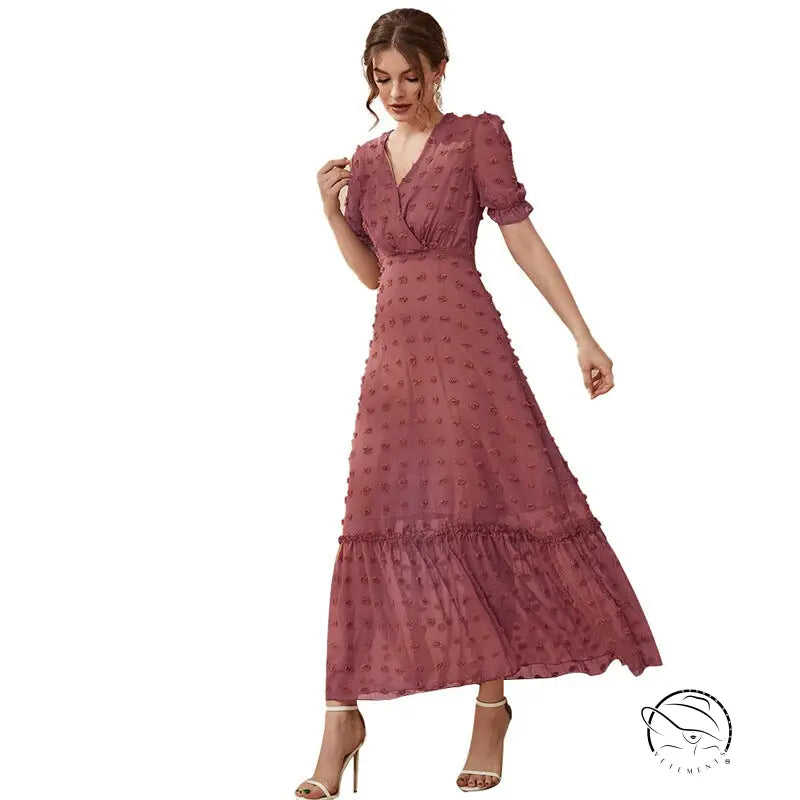 Puff short sleeve high waist dusty rose midi dress with v-neck and ruffles