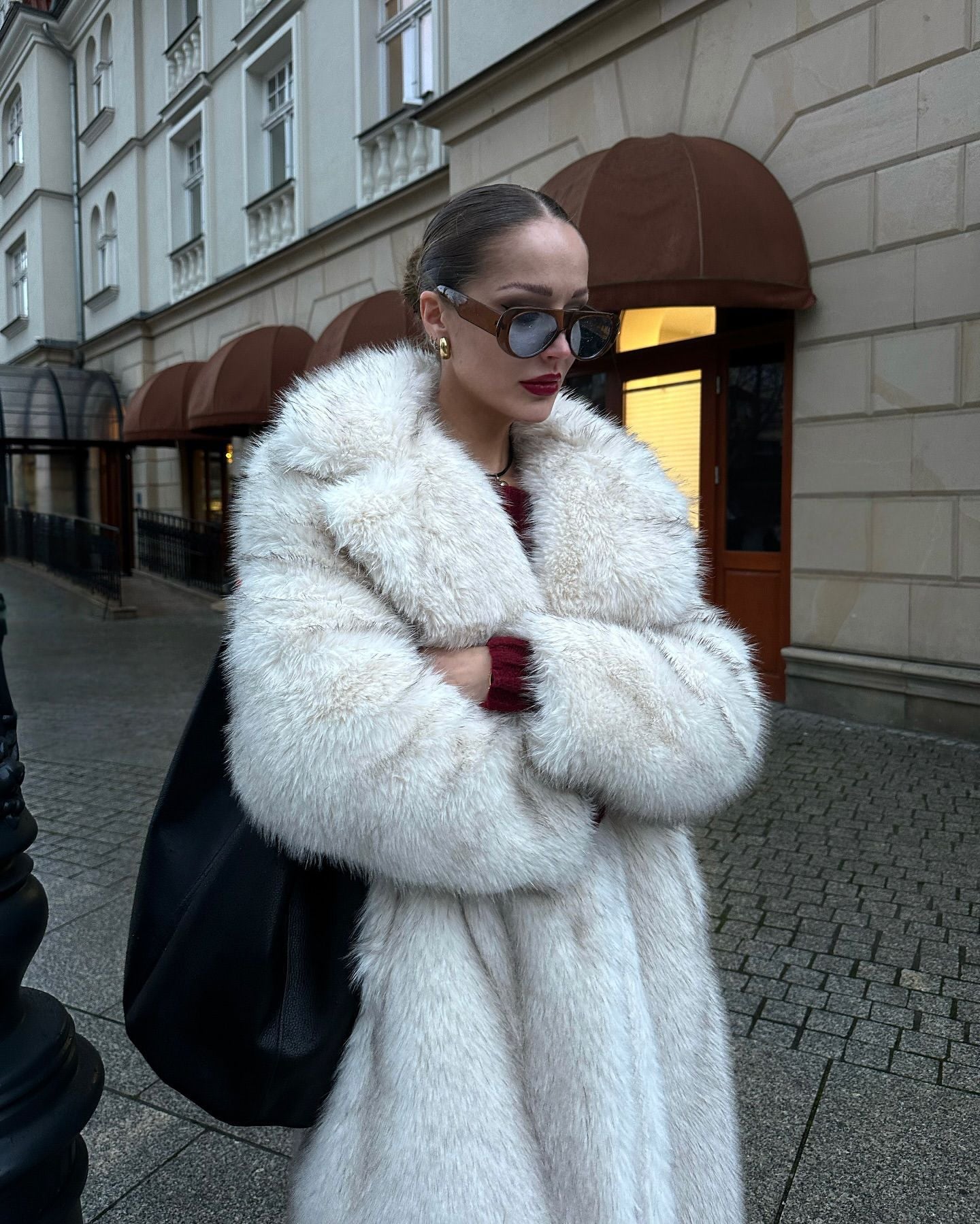 Warm winter faux fur coat with white hood and oversized collar