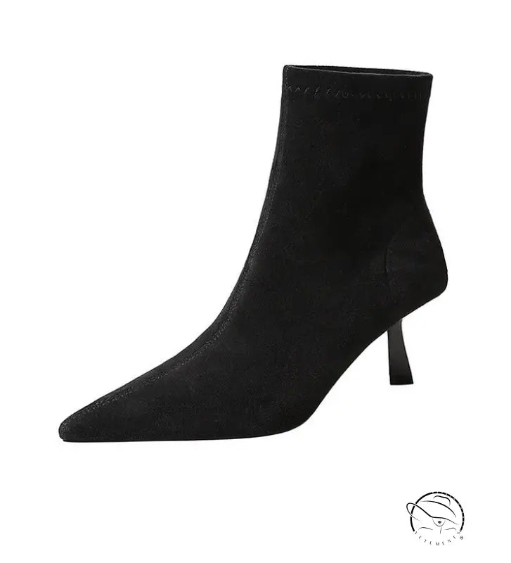 Langry fashion black suede ankle boot with pointed toe and low heel
