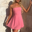 Pink strapless short dress with pleated skirt in Langry fashion