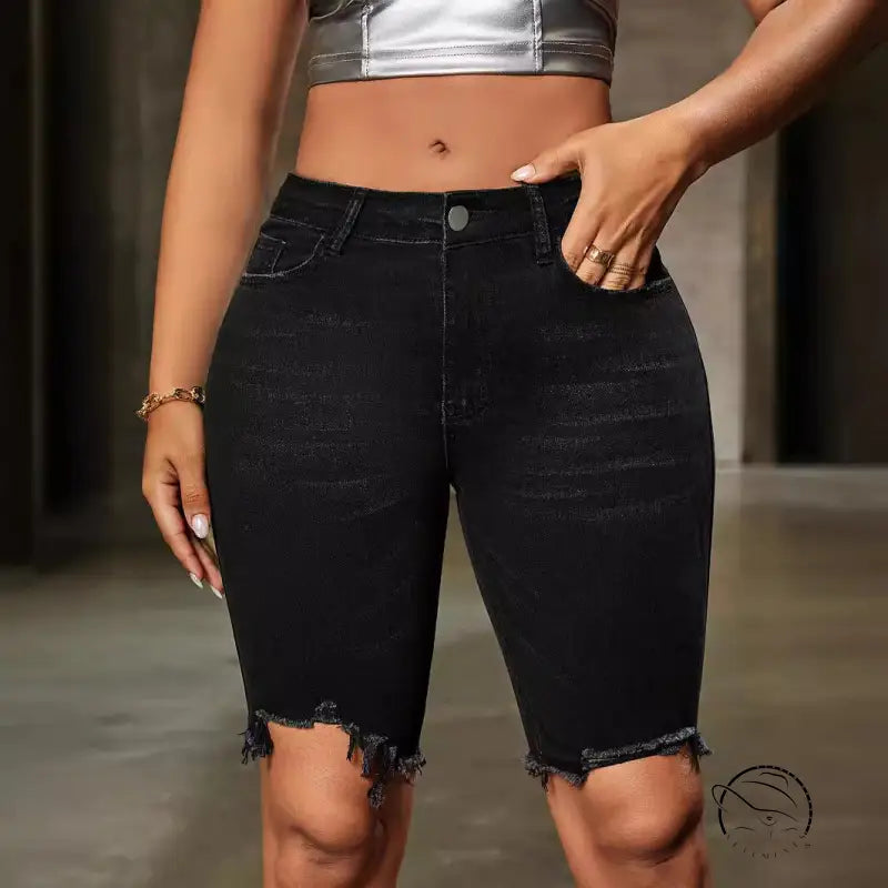 Black distressed denim shorts high waist with frayed hem
