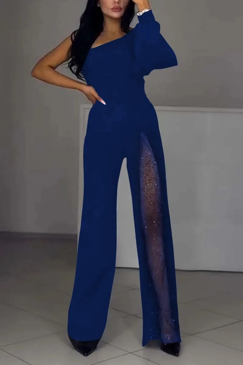 Blue one-shoulder jumpsuit with sheer panel from New Fall High Slit Jumpsuit, trendy langry fashion and ملابس