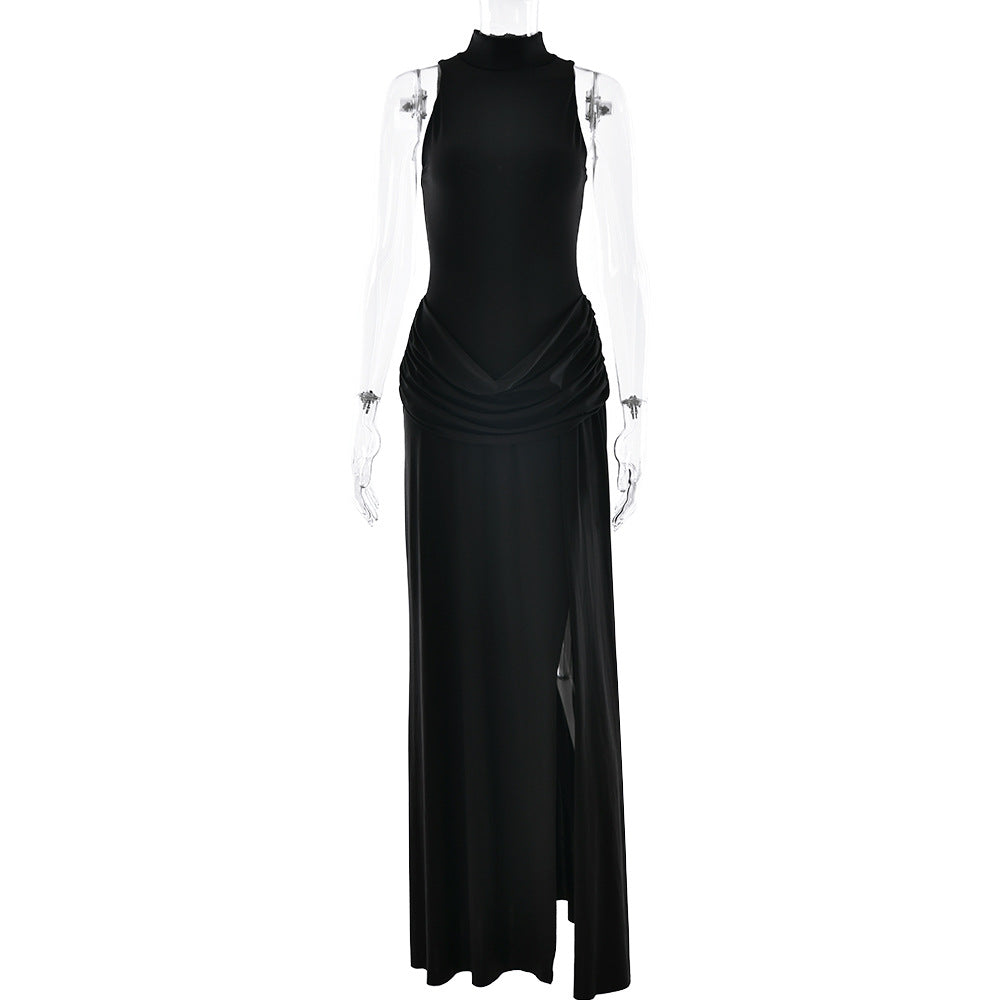 Langry black sleeveless maxi dress with sheer lace sleeves, high neckline, high split, tight waist fashion ملابس