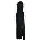 Langry black sleeveless maxi dress with sheer lace sleeves, high neckline, high split, tight waist fashion ملابس