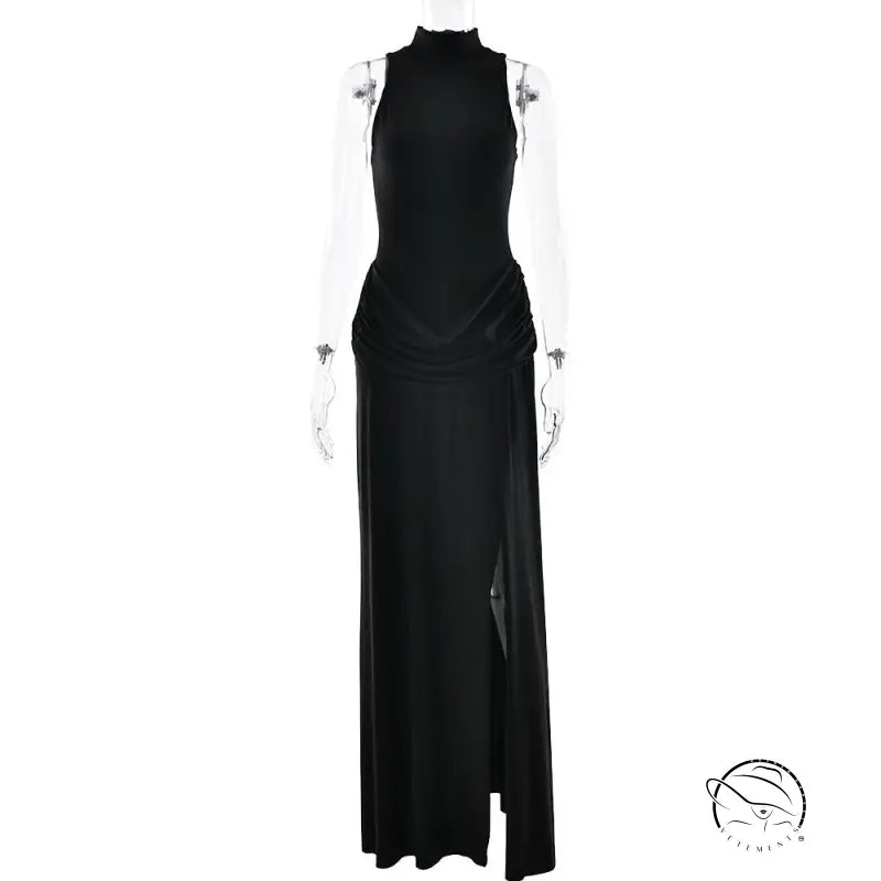 Black sleeveless maxi dress with sheer lace sleeves, high neckline, tight waist, high split