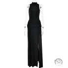 Black sleeveless maxi dress with sheer lace sleeves, high neckline, tight waist, high split