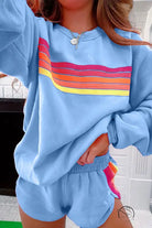 Light blue loose slim fit sweatshirt with rainbow retro stripes in casual two-piece set