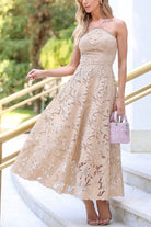 Strapless floral-patterned beige dress from Langry for stylish casual party fashion ملابس