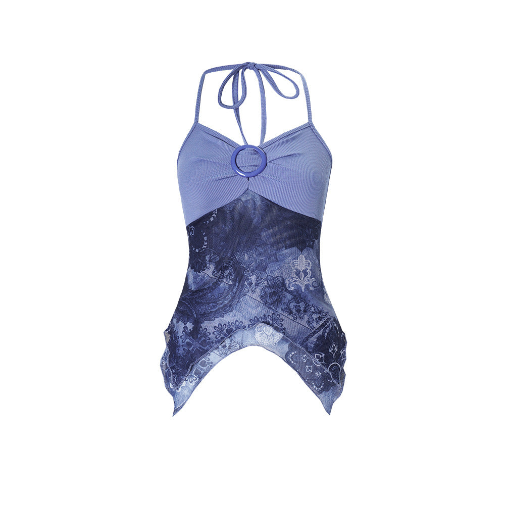 Slim fit halterneck vest in langry fashion with lavender ribbed bodice and blue floral lace