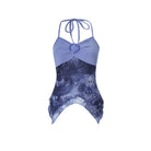 Slim fit halterneck vest in langry fashion with lavender ribbed bodice and blue floral lace