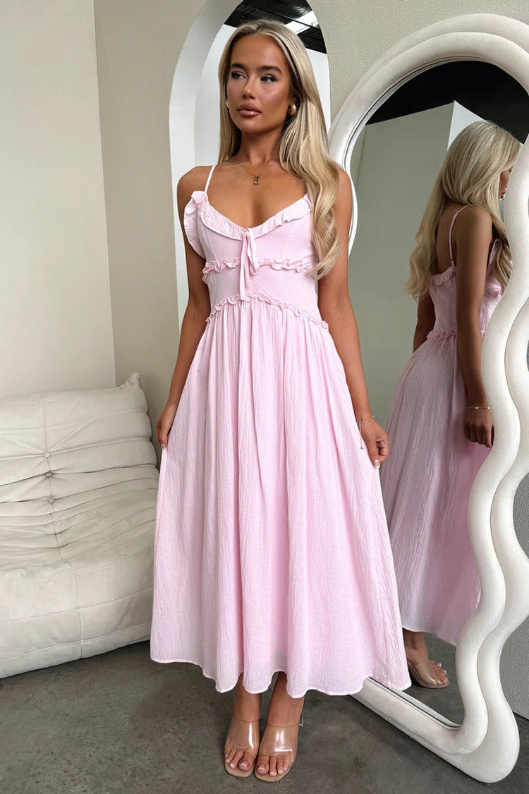 Light pink spaghetti strap midi dress with sweetheart neckline for elegant fashion