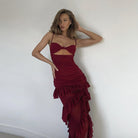 Burgundy ruched dress with ruffled hem and cutout, perfect for Langry fashion style