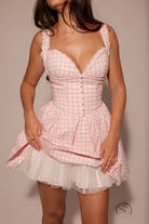 Stunning v neck sling dress in pink and white gingham with tulle underskirt