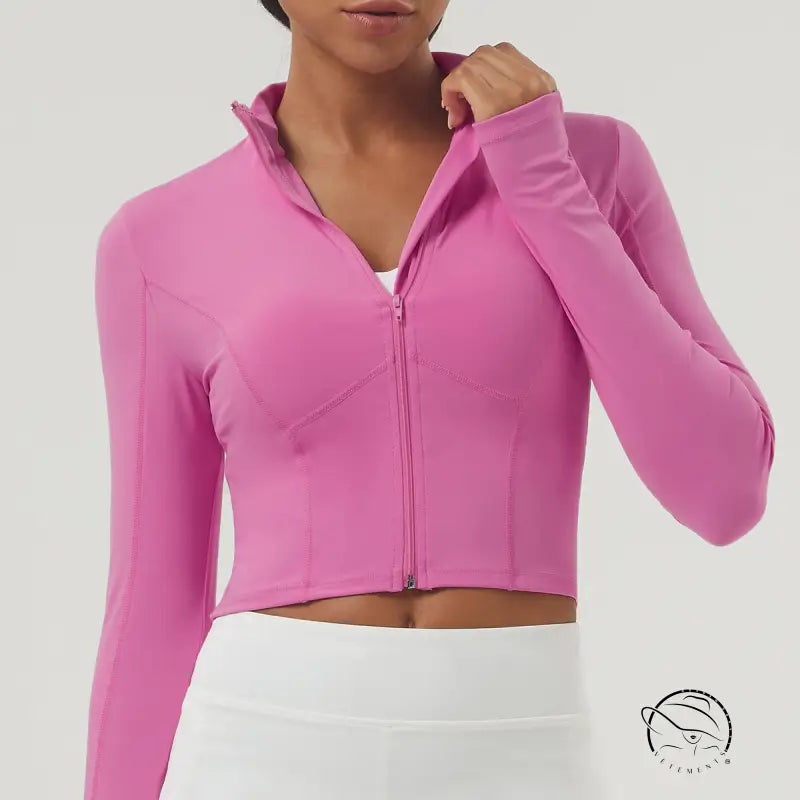 Women’s bright pink long sleeve sports jacket with full-zip and collar