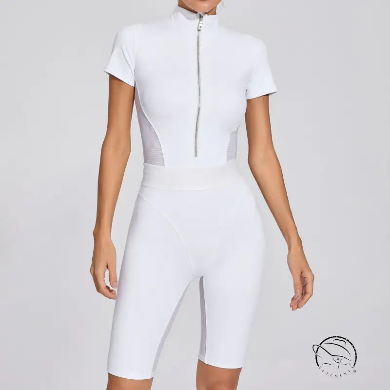 Tight Waist Open Collar Zipper Short Sleeve Yoga Jumpsuit Women Patchwork Fitness Sports