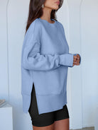 Light blue Langry fashion oversized pullover sweatshirt with high-low hem and zipper