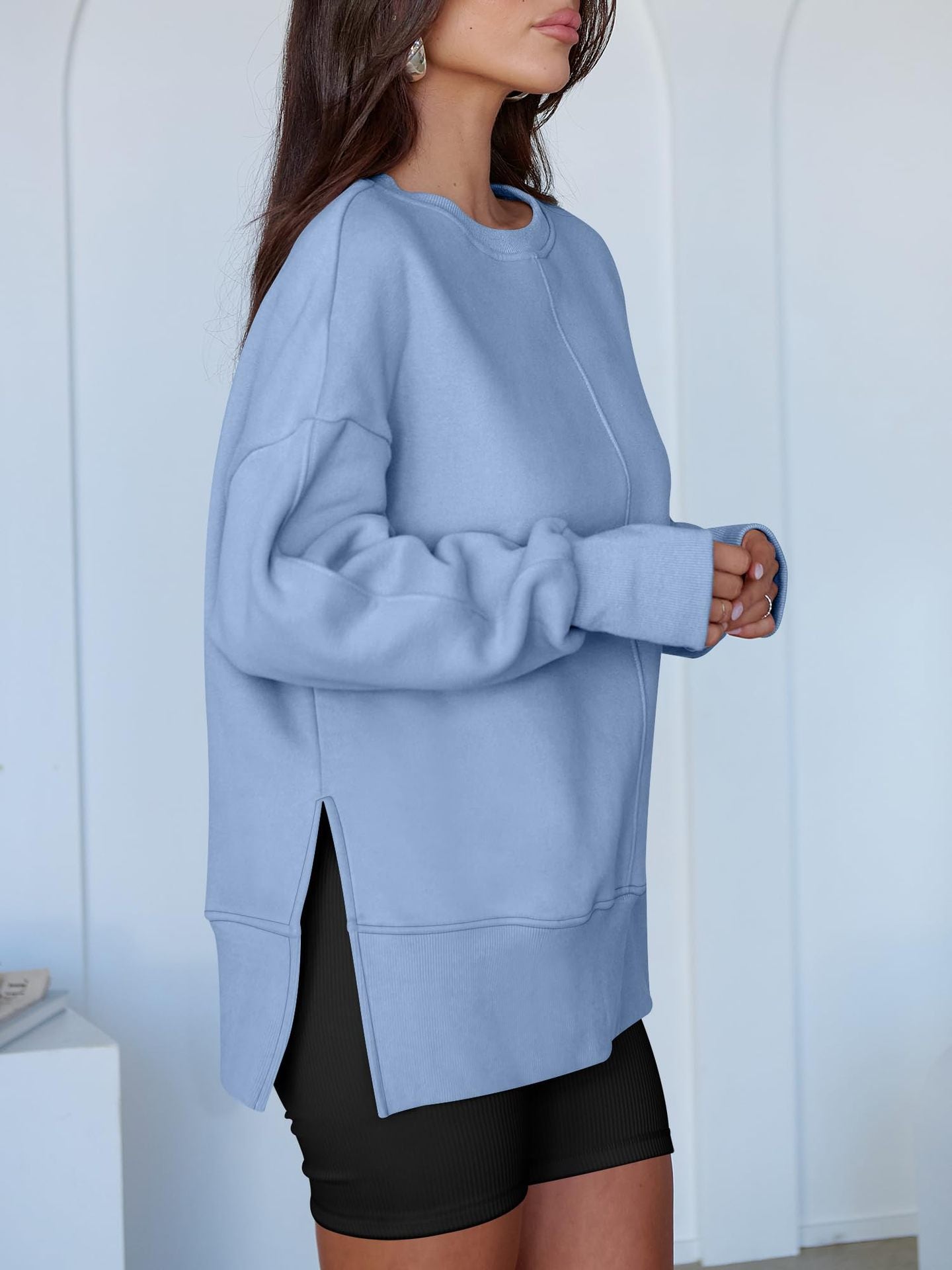 Light blue Langry fashion oversized pullover sweatshirt with high-low hem and zipper