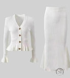 Elegant classic dress and white ribbed knit skirt cardigan set