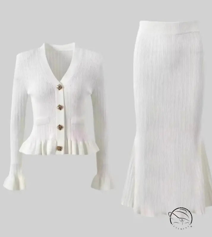 Elegant classic dress and white ribbed knit skirt cardigan set