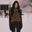 Elegant Langry fashion brown fur vest with lace trim and bow tie