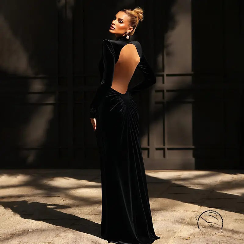 Beautiful high collar black velvet maxi dress with open back